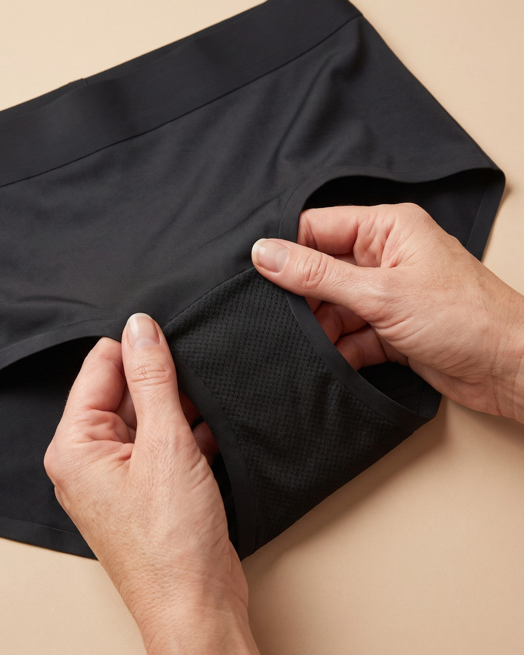 Mani che aprono lo slip LEIDRY™ Giorno nero e mostrano la zona assorbente interna