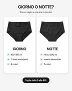 Confronto tra slip LEIDRY™ Giorno (100-150 ml, 4 colori) e Notte (fino a 300 ml, inserto removibile, 2 colori), taglie dalla S alla 4XL