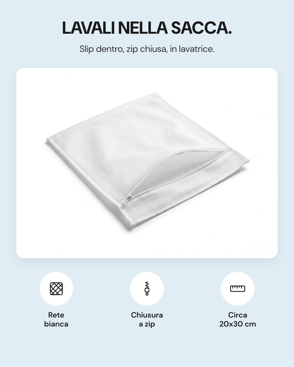 Sacca per il lavaggio LEIDRY™: rete bianca, chiusura a zip, circa 20x30 cm
