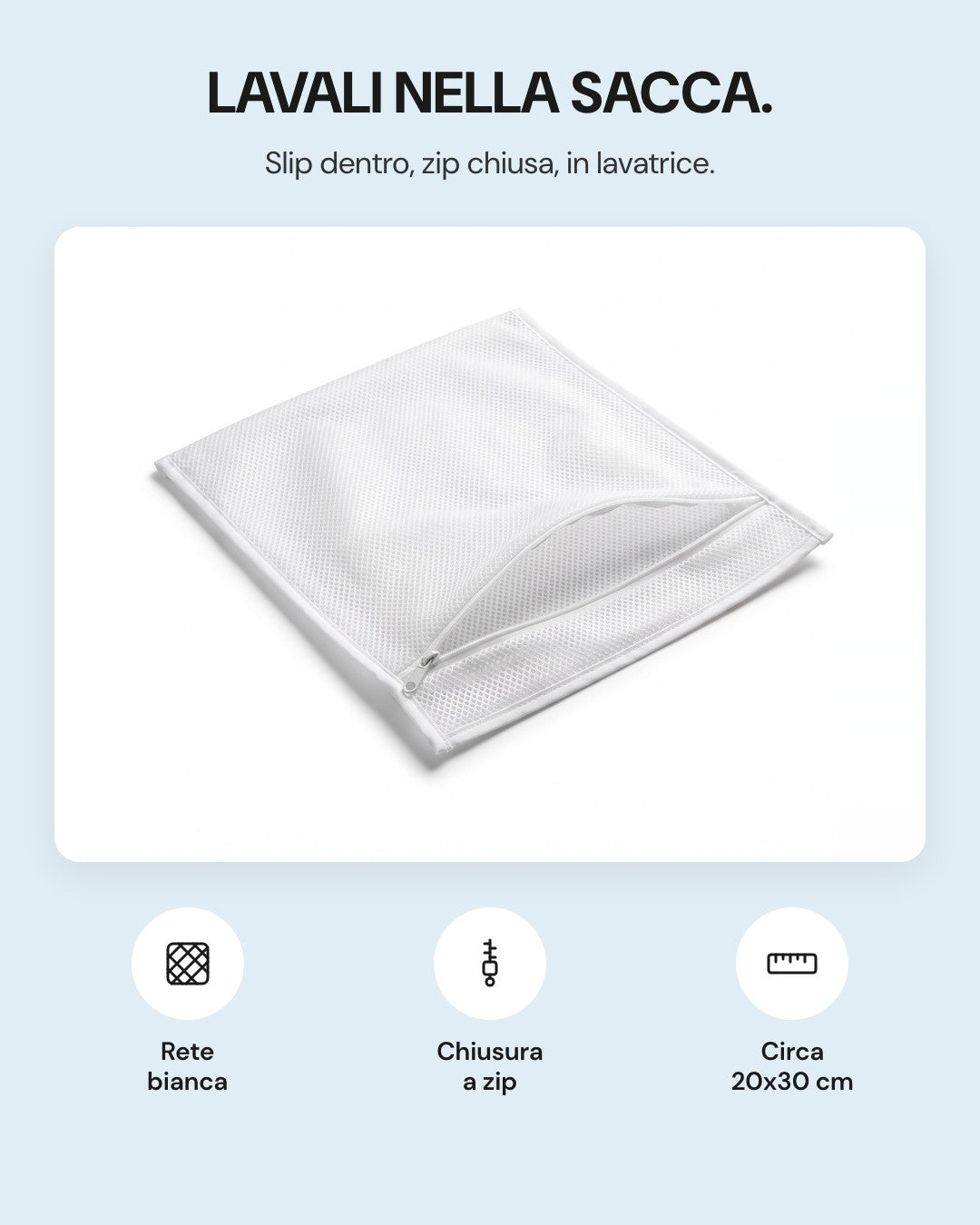 Sacca per il lavaggio LEIDRY™: rete bianca, chiusura a zip, circa 20x30 cm