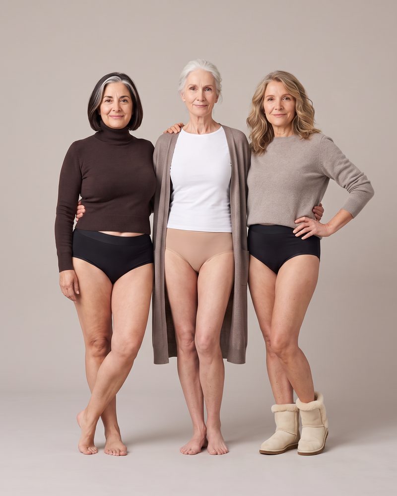 Tre donne mature abbracciate, con slip a vita alta neri e color nudo su fondo grigio chiaro