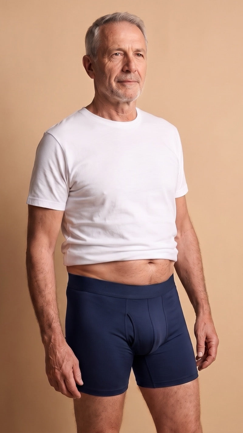 Uomo con boxer LuiDry blu navy e maglietta bianca