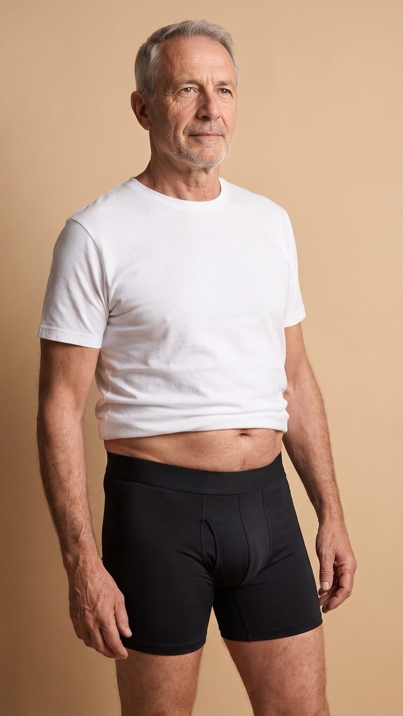 Uomo con boxer LuiDry nero e maglietta bianca