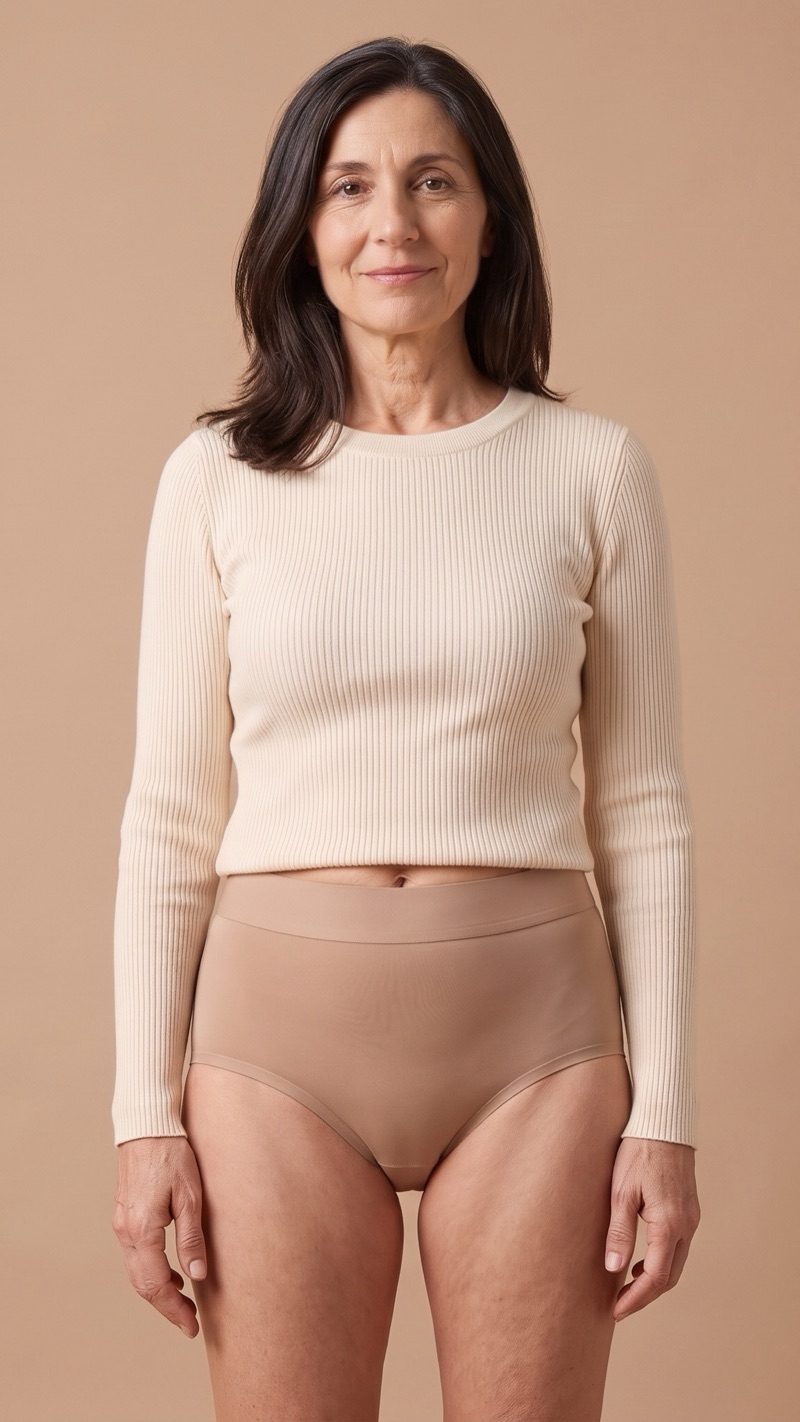 Donna con slip LeiDry beige a vita alta e maglia chiara
